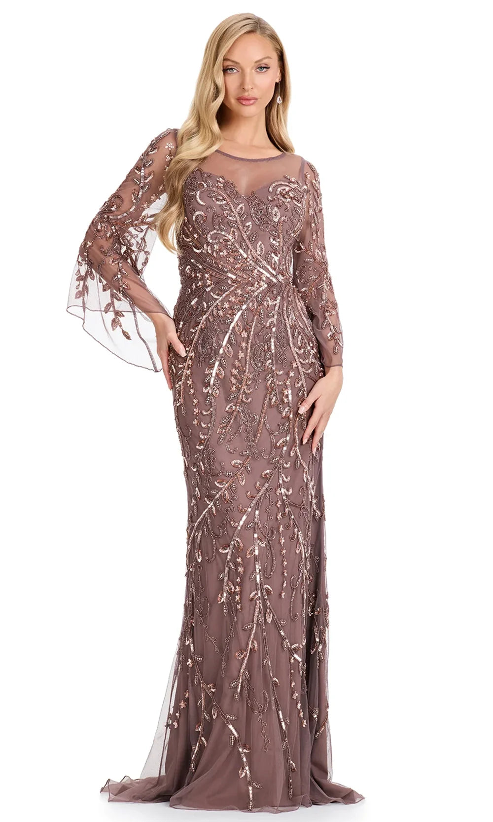 Ashley Lauren E12105 - in tricate Beaded Illusion Neckline Formal Dress in Dark Taupe
