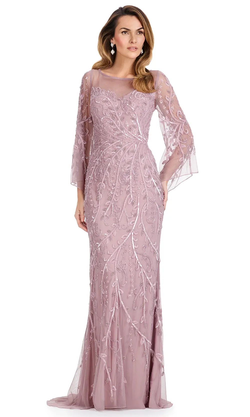 Ashley Lauren E12105 - in tricate Beaded Illusion Neckline Formal Dress in Dusty Rose