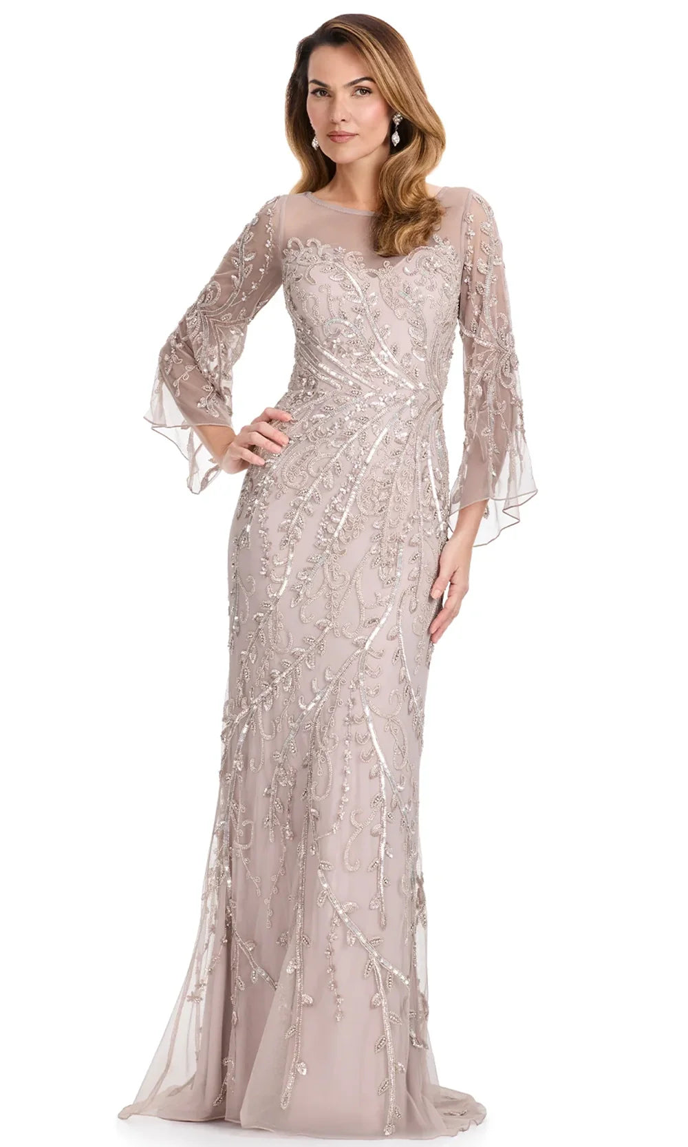 Ashley Lauren E12105 - in tricate Beaded Illusion Neckline Formal Dress in Marble