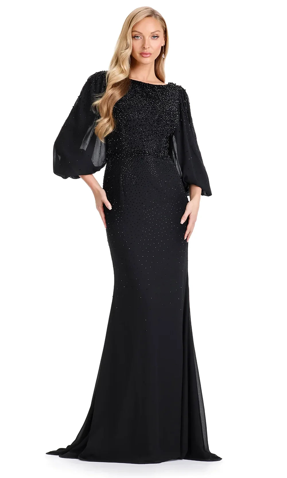 Ashley Lauren E12106 - Long Blouson Sleeve Beaded Formal Gown in Black