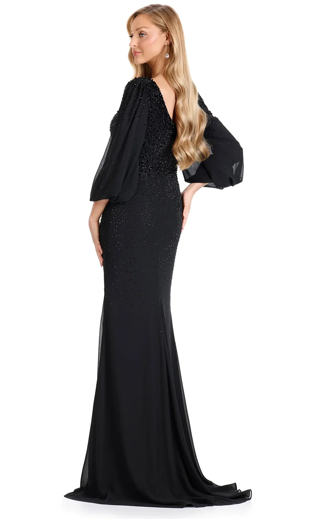 Ashley Lauren E12106 - Long Blouson Sleeve Beaded Formal Gown in Black