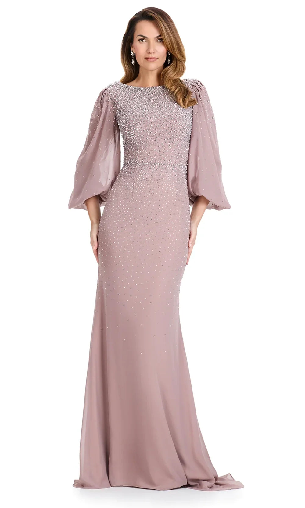 Ashley Lauren E12106 - Long Blouson Sleeve Beaded Formal Gown in Taupe