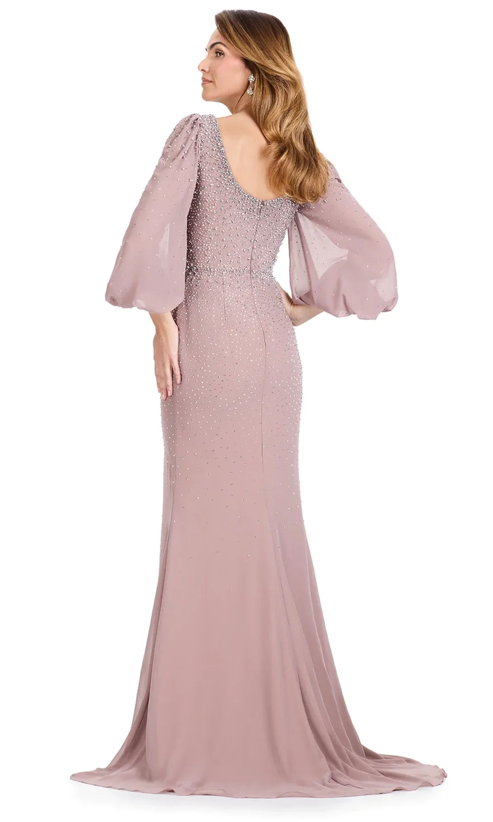 Ashley Lauren E12106 - Long Blouson Sleeve Beaded Formal Gown in Taupe