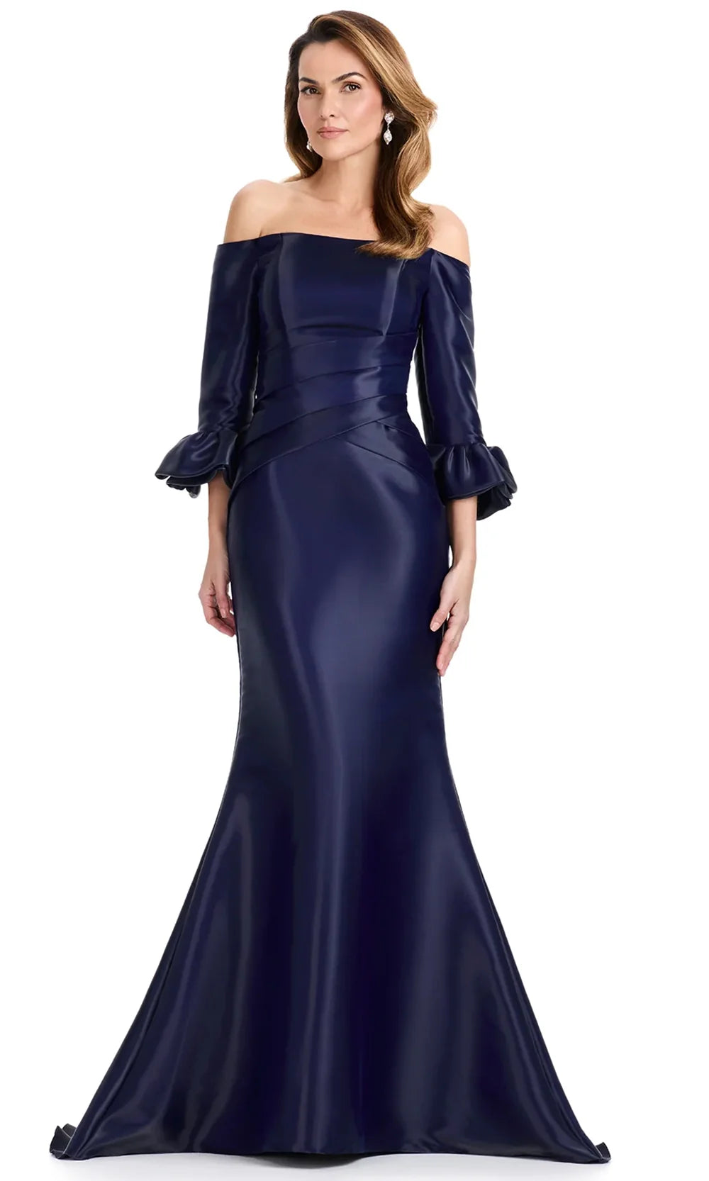 Ashley Lauren E12107 - Pleated Waist Straight Neck Satin Dress in Navy
