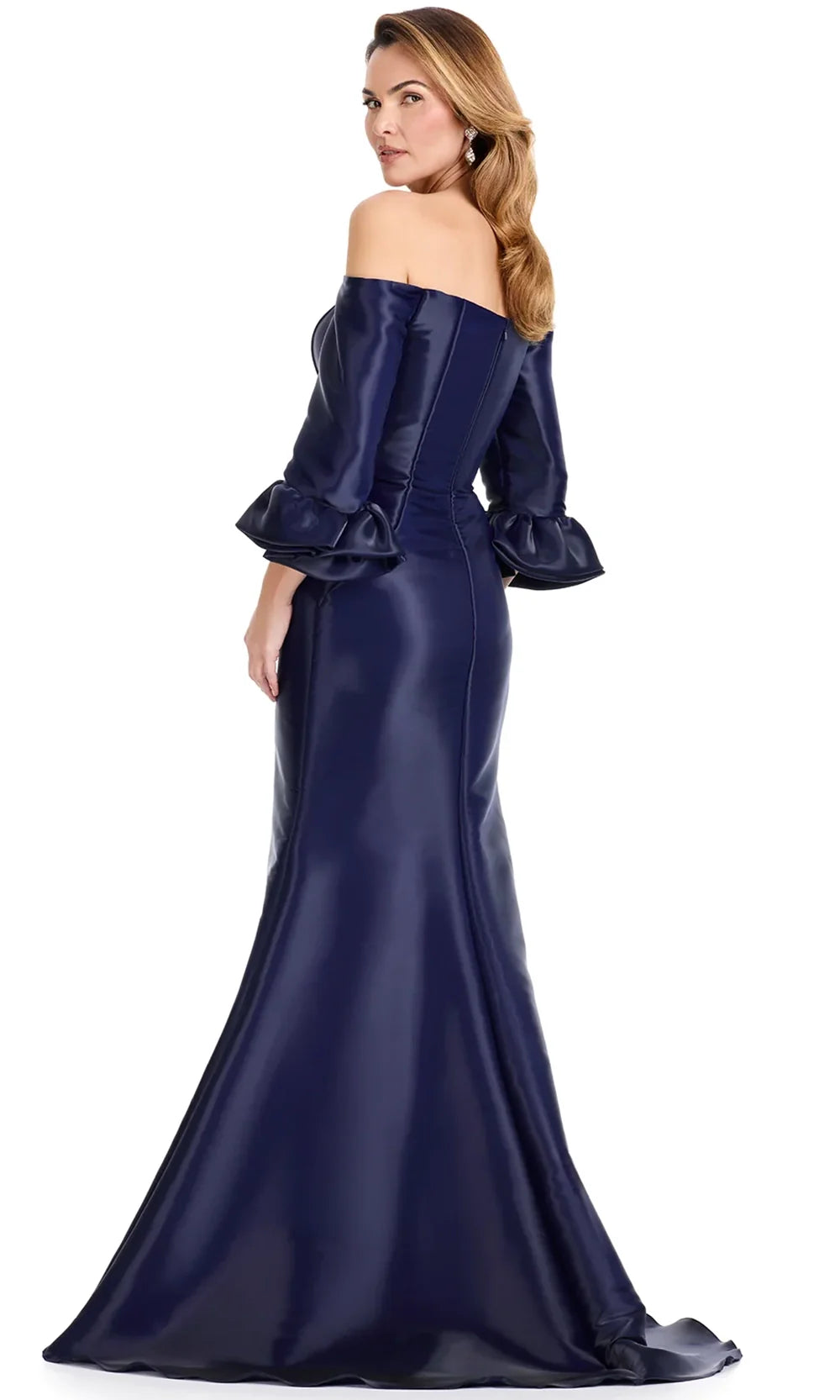 Ashley Lauren E12107 - Pleated Waist Straight Neck Satin Dress in Navy