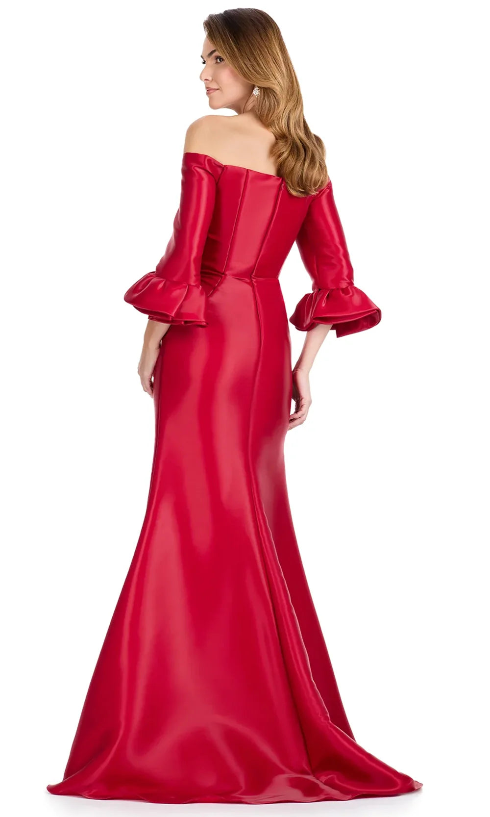 Ashley Lauren E12107 - Pleated Waist Straight Neck Satin Dress in Red