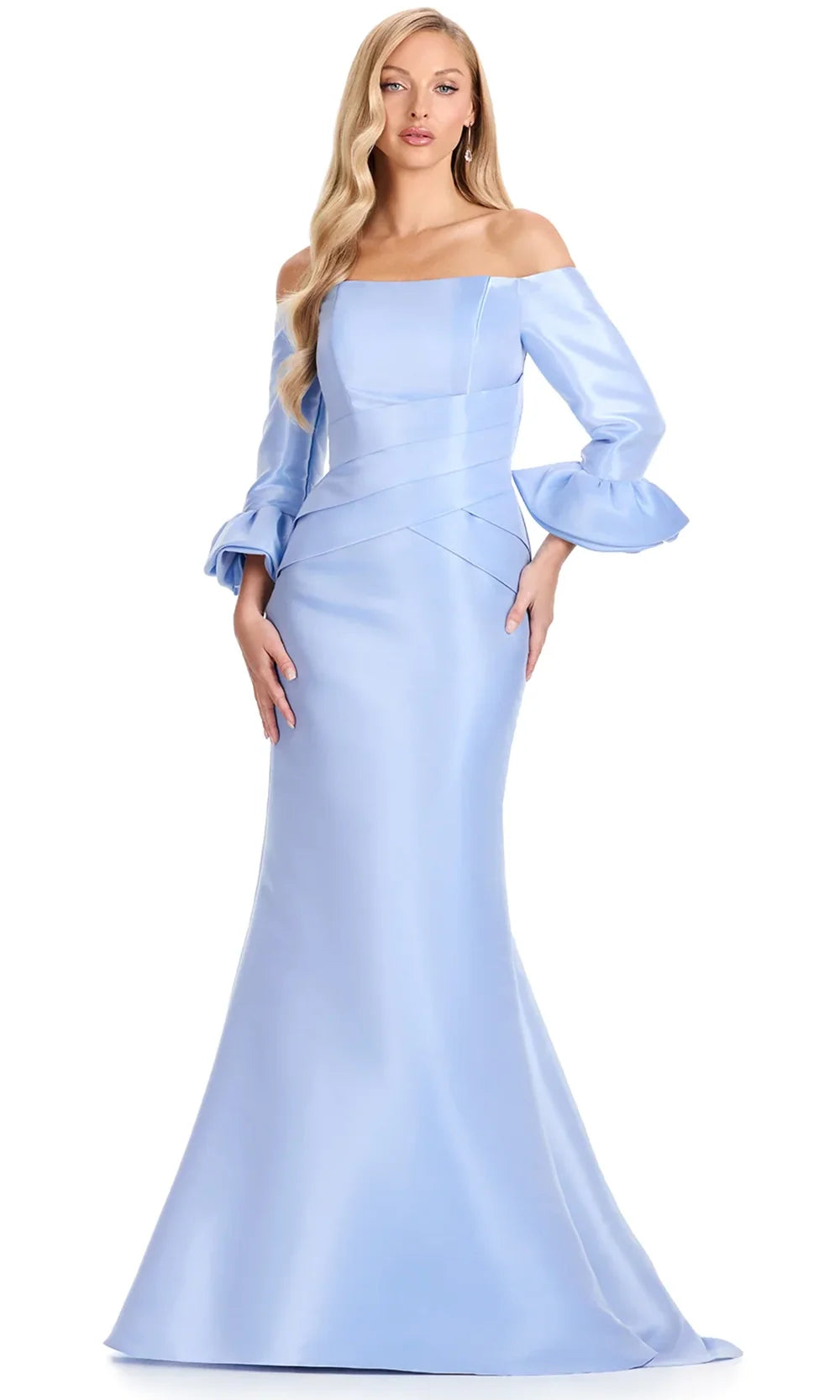 Ashley Lauren E12107 - Pleated Waist Straight Neck Satin Dress in Vin tage Blue