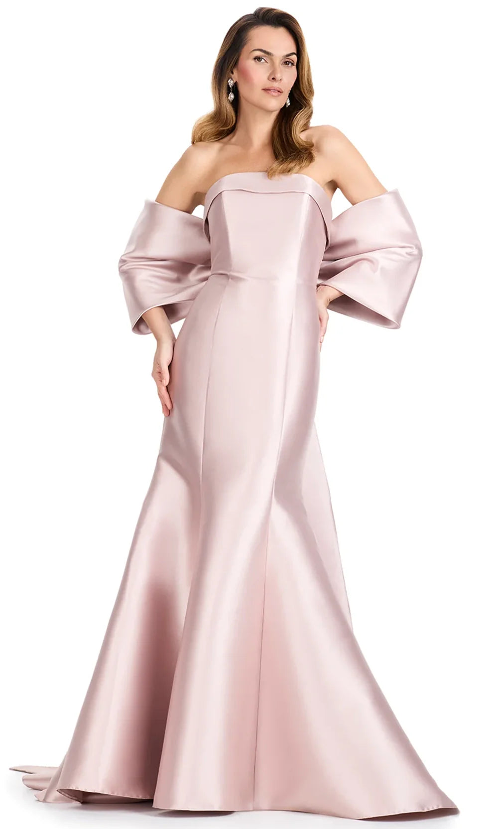 Ashley Lauren E12108 - Statement Bow Straight Neck Mikado Dress in Taupe