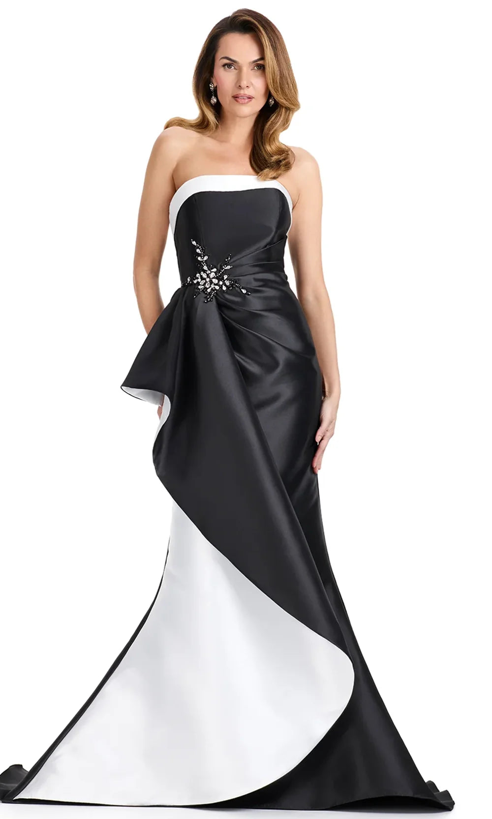 Ashley Lauren E12113 - Crystal Brooch Strapless Mermaid Dress In Black Ivory
