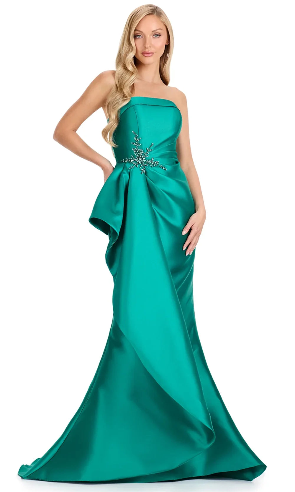 Ashley Lauren E12113 - Crystal Brooch Strapless Mermaid Dress in Green