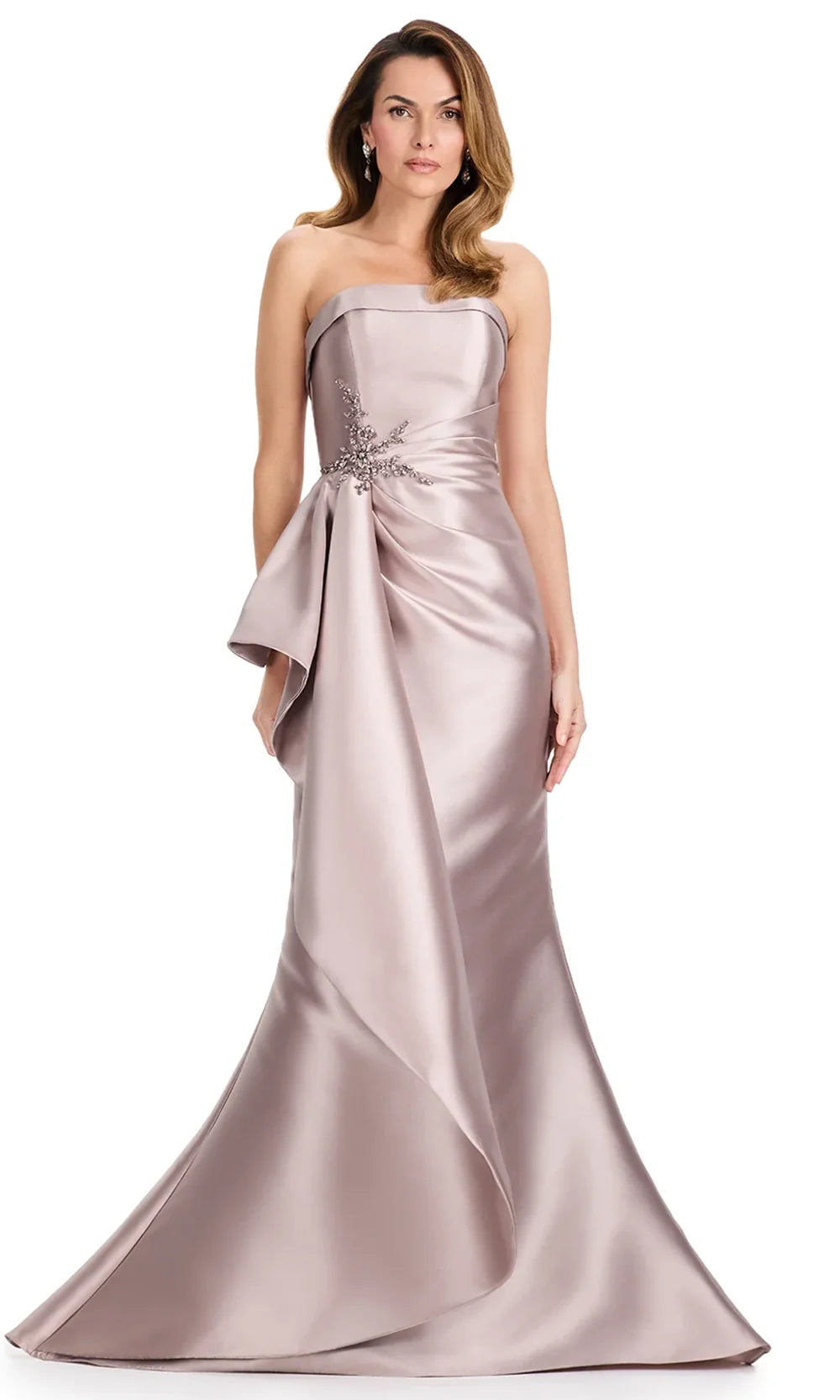 Ashley Lauren E12113 - Crystal Brooch Strapless Mermaid Dress in Taupe