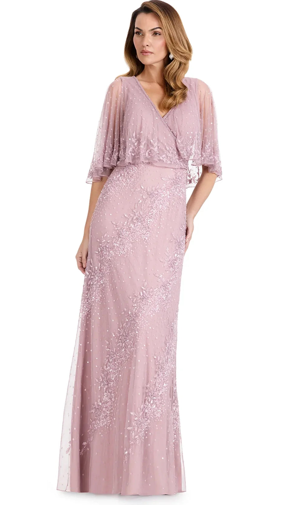 Ashley Lauren E12114 - Surplice V-Neck Beaded Mesh Dress in Dusty Rose