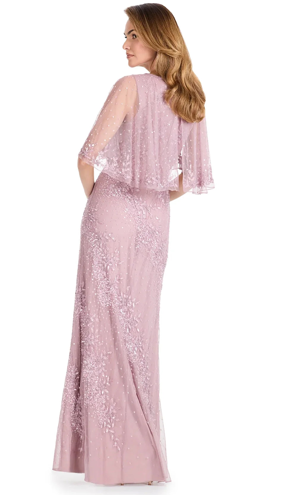 Ashley Lauren E12114 - Surplice V-Neck Beaded Mesh Dress in Dusty Rose