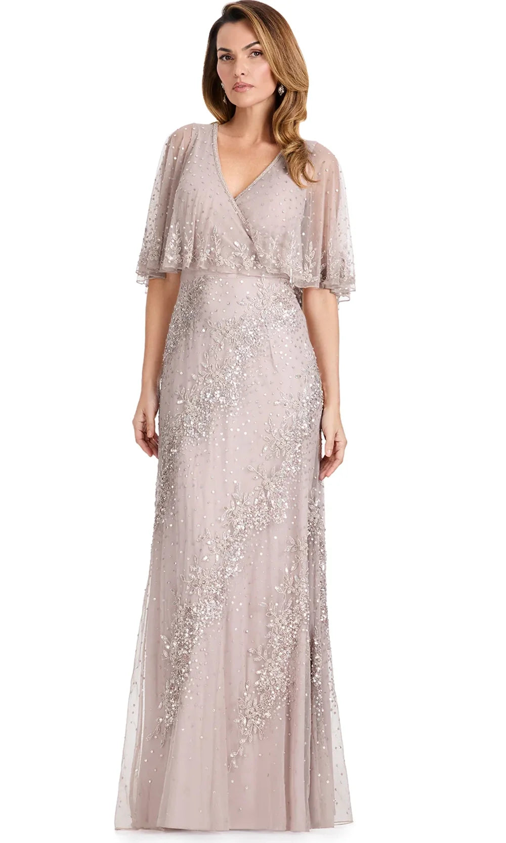 Ashley Lauren E12114 - Surplice V-Neck Beaded Mesh Dress in Marble