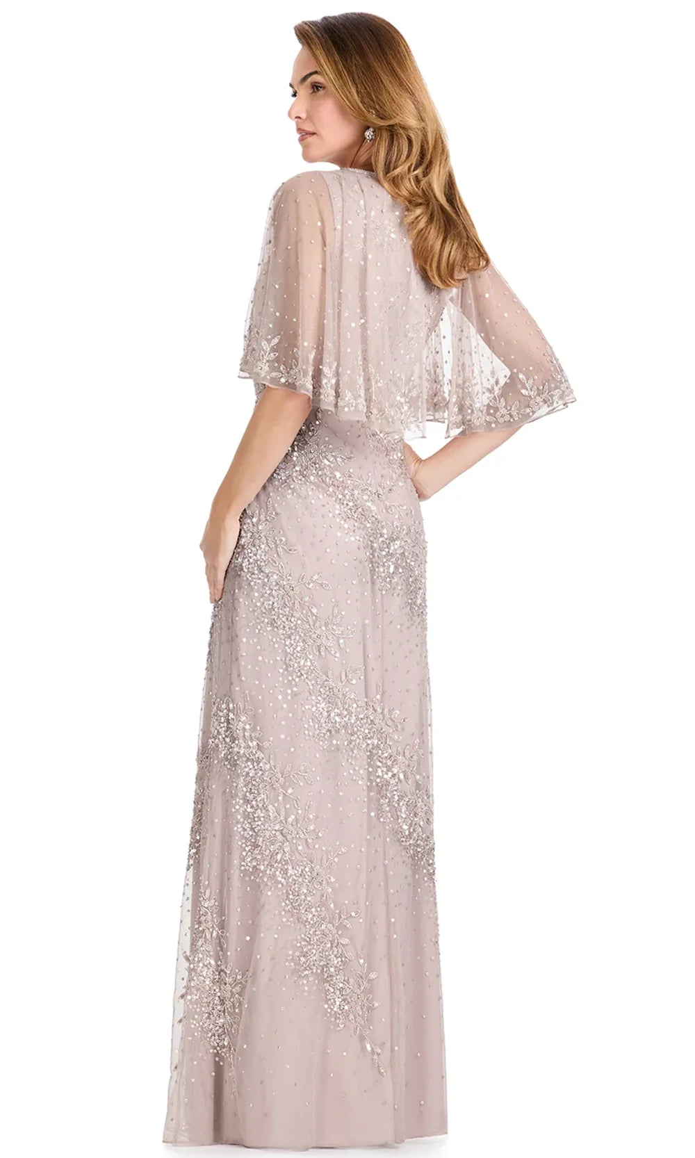Ashley Lauren E12114 - Surplice V-Neck Beaded Mesh Dress in Marble