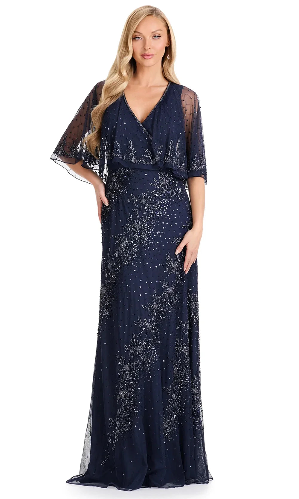 Ashley Lauren E12114 - Surplice V-Neck Beaded Mesh Dress in Navy