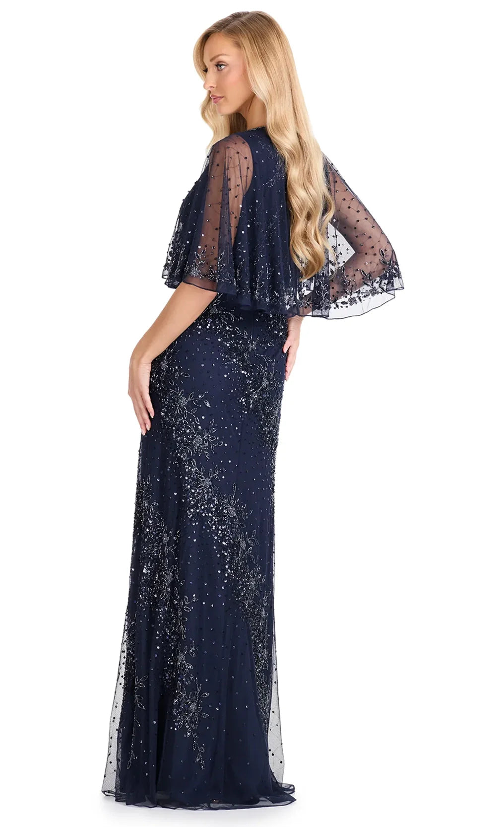 Ashley Lauren E12114 - Surplice V-Neck Beaded Mesh Dress in Navy
