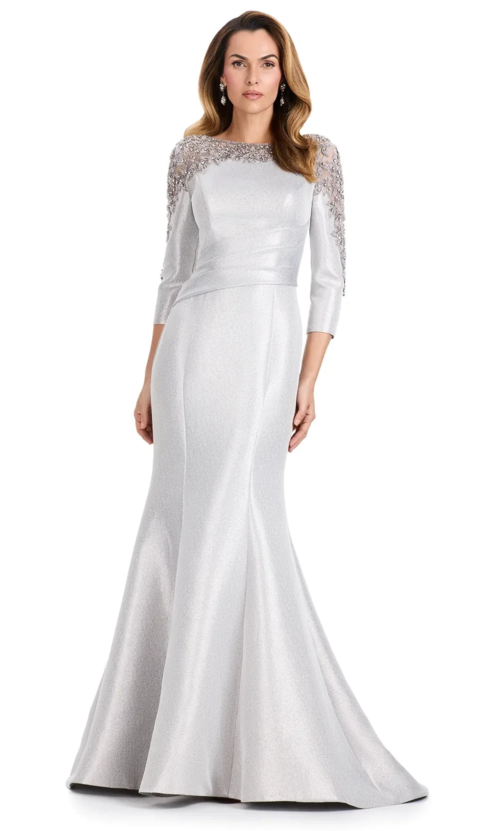 Ashley Lauren E12115 - Beaded Illusion Bateau Mermaid Formal Gown in Silver