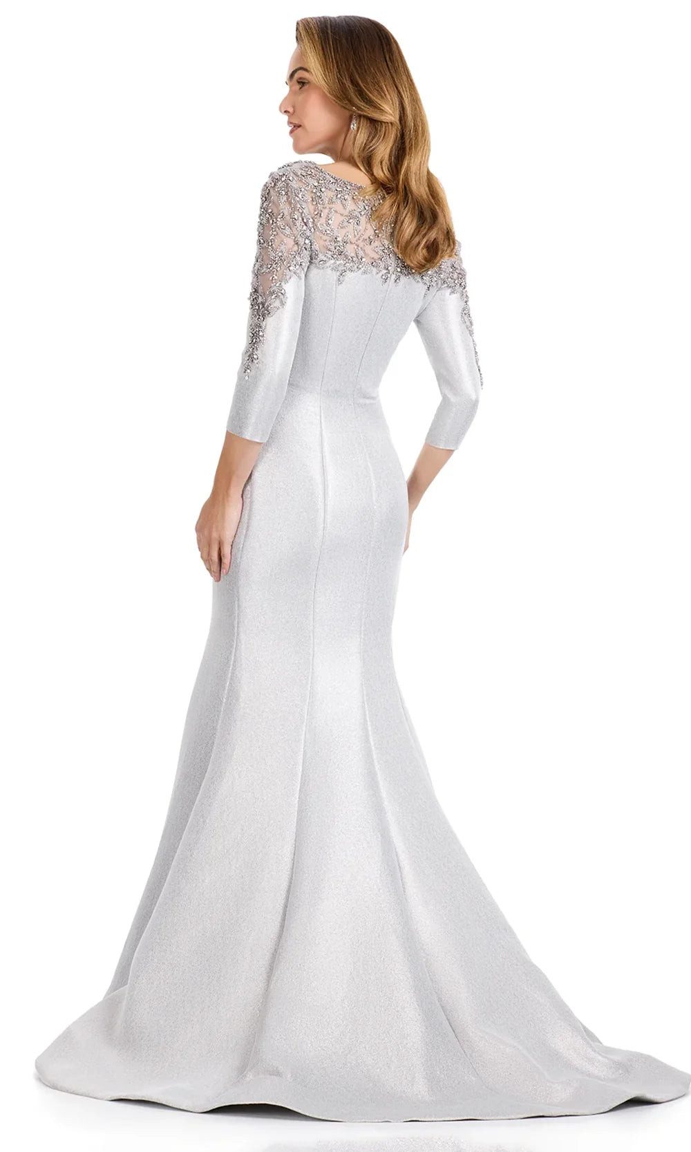Ashley Lauren E12115 - Beaded Illusion Bateau Mermaid Formal Gown in Silver
