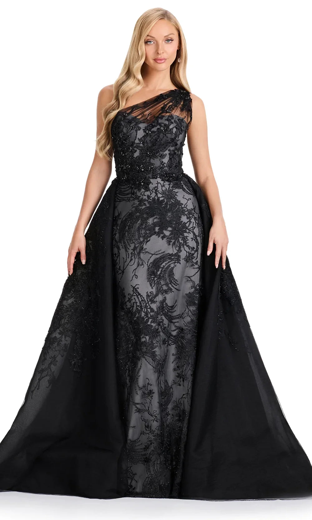 Ashley Lauren E12117 - Asymmetric Embroidered Gown with Overskirt in Black Silver