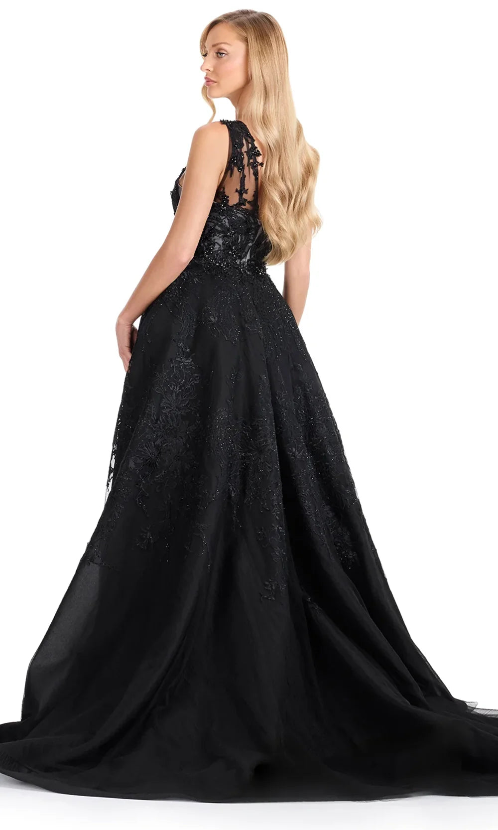 Ashley Lauren E12117 - Asymmetric Embroidered Gown with Overskirt in Black Silver