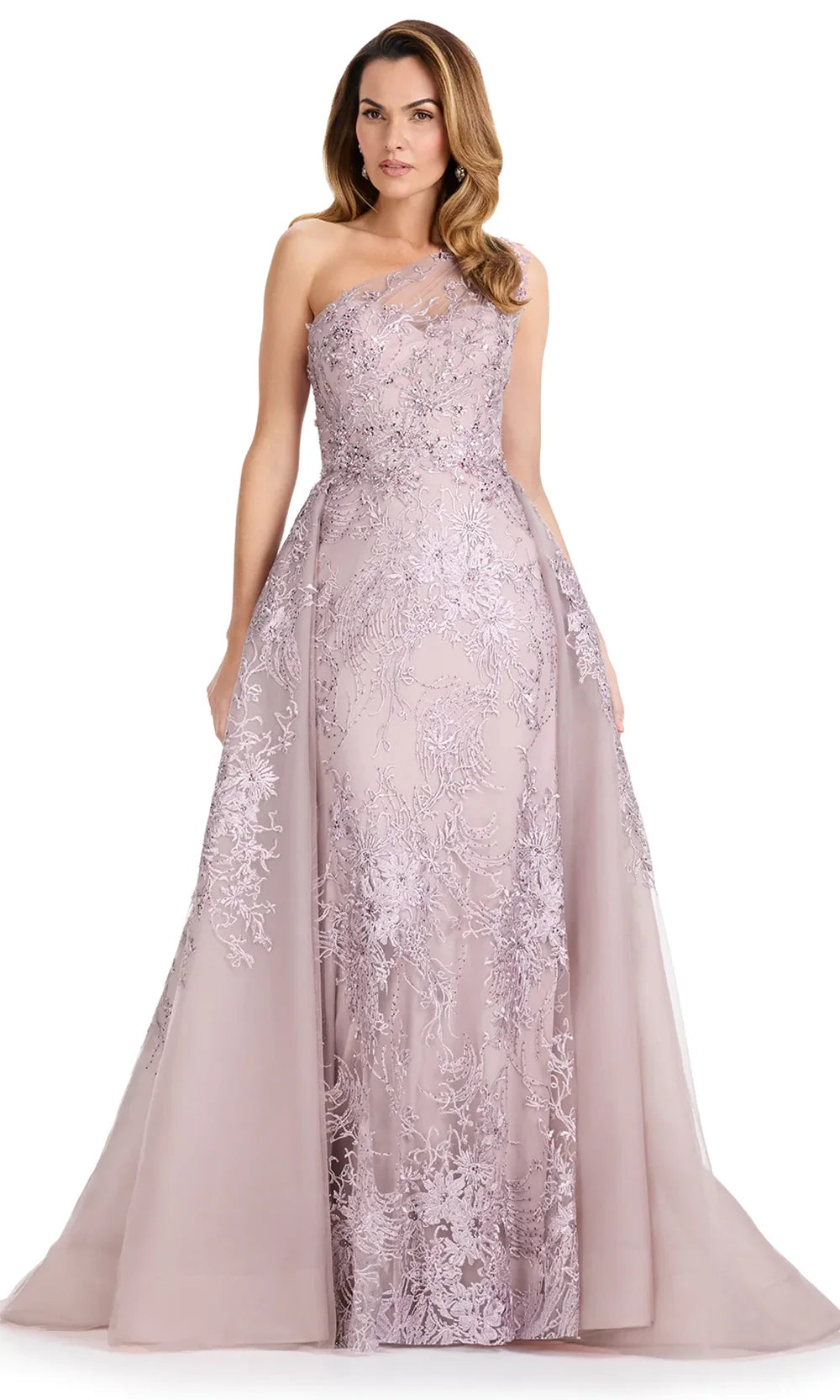 Ashley Lauren E12117 - Asymmetric Embroidered Gown with Overskirt in Dusty Rose