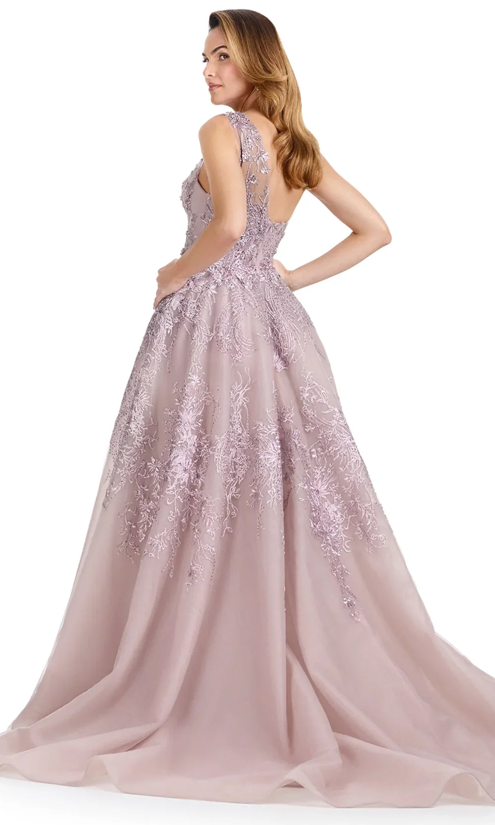 Ashley Lauren E12117 - Asymmetric Embroidered Gown with Overskirt in Dusty Rose