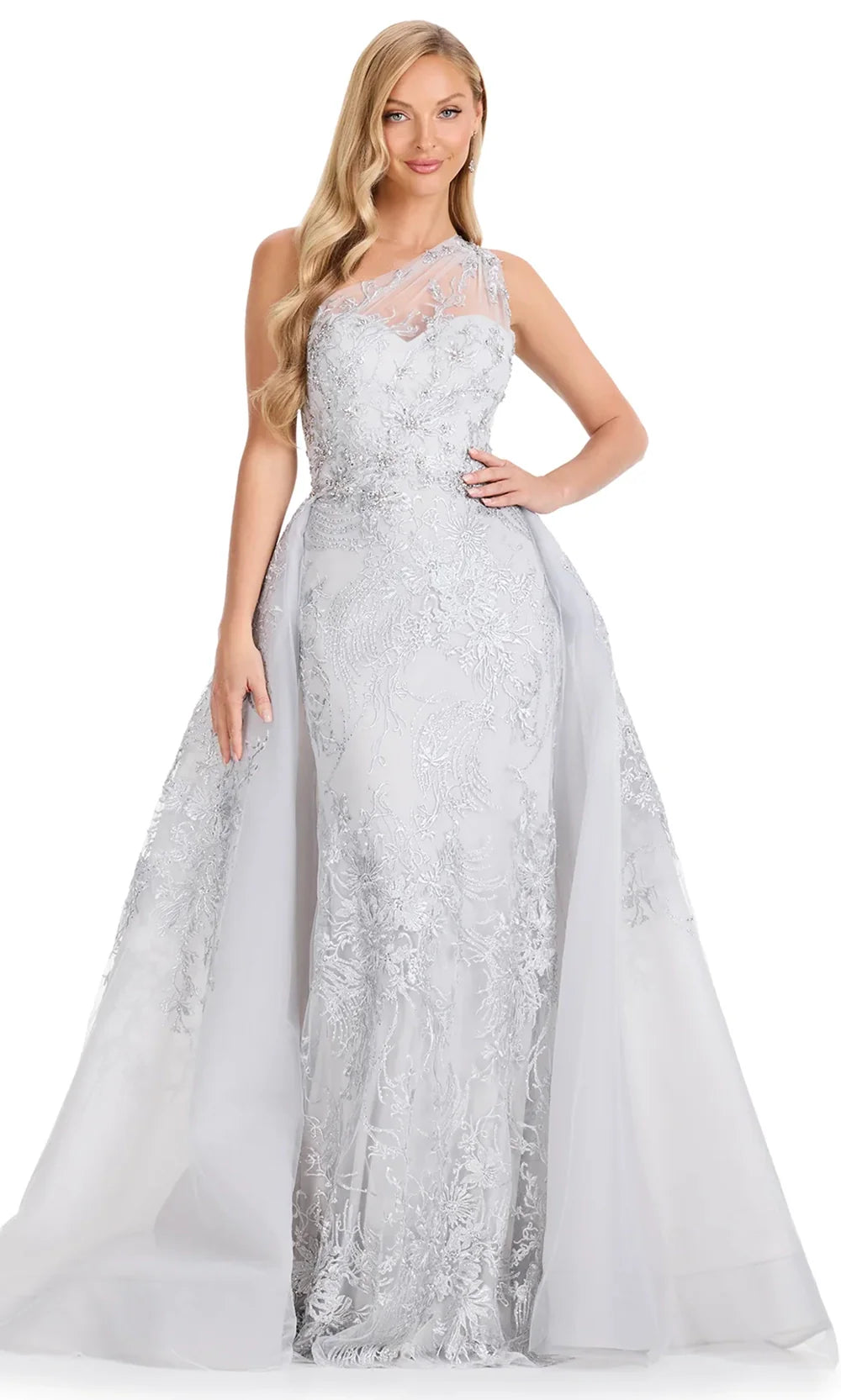 Ashley Lauren E12117 - Asymmetric Embroidered Gown with Overskirt in Silver