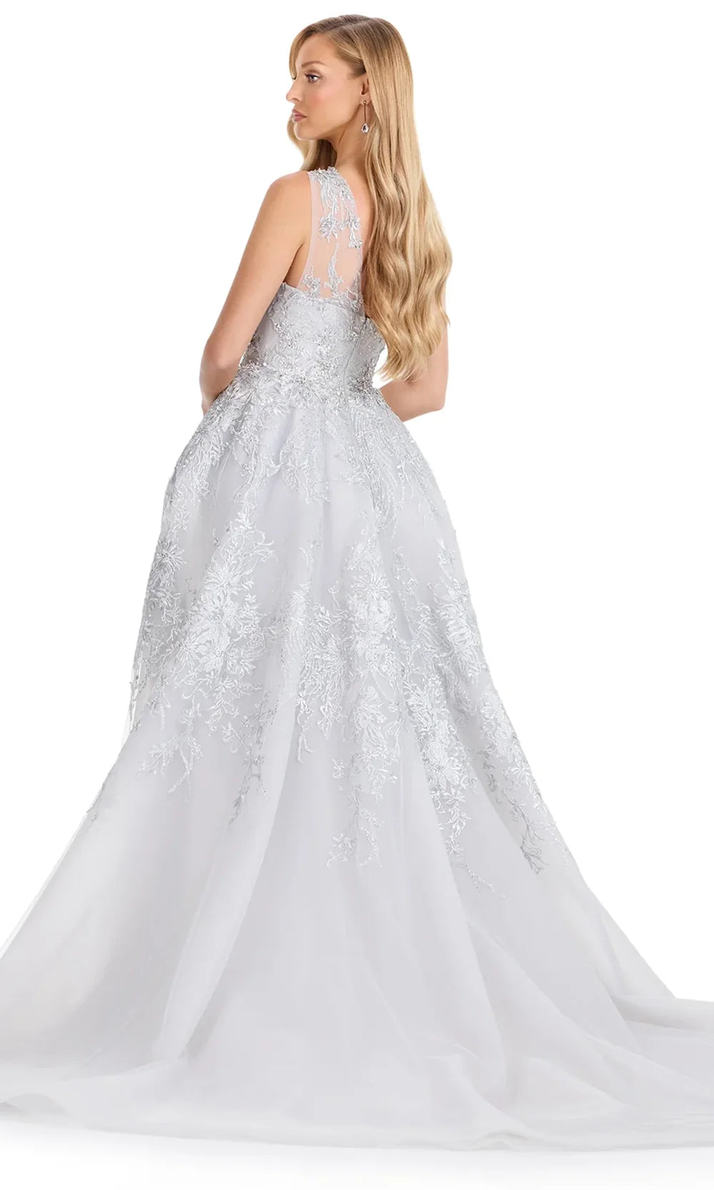 Ashley Lauren E12117 - Asymmetric Embroidered Gown with Overskirt in Silver