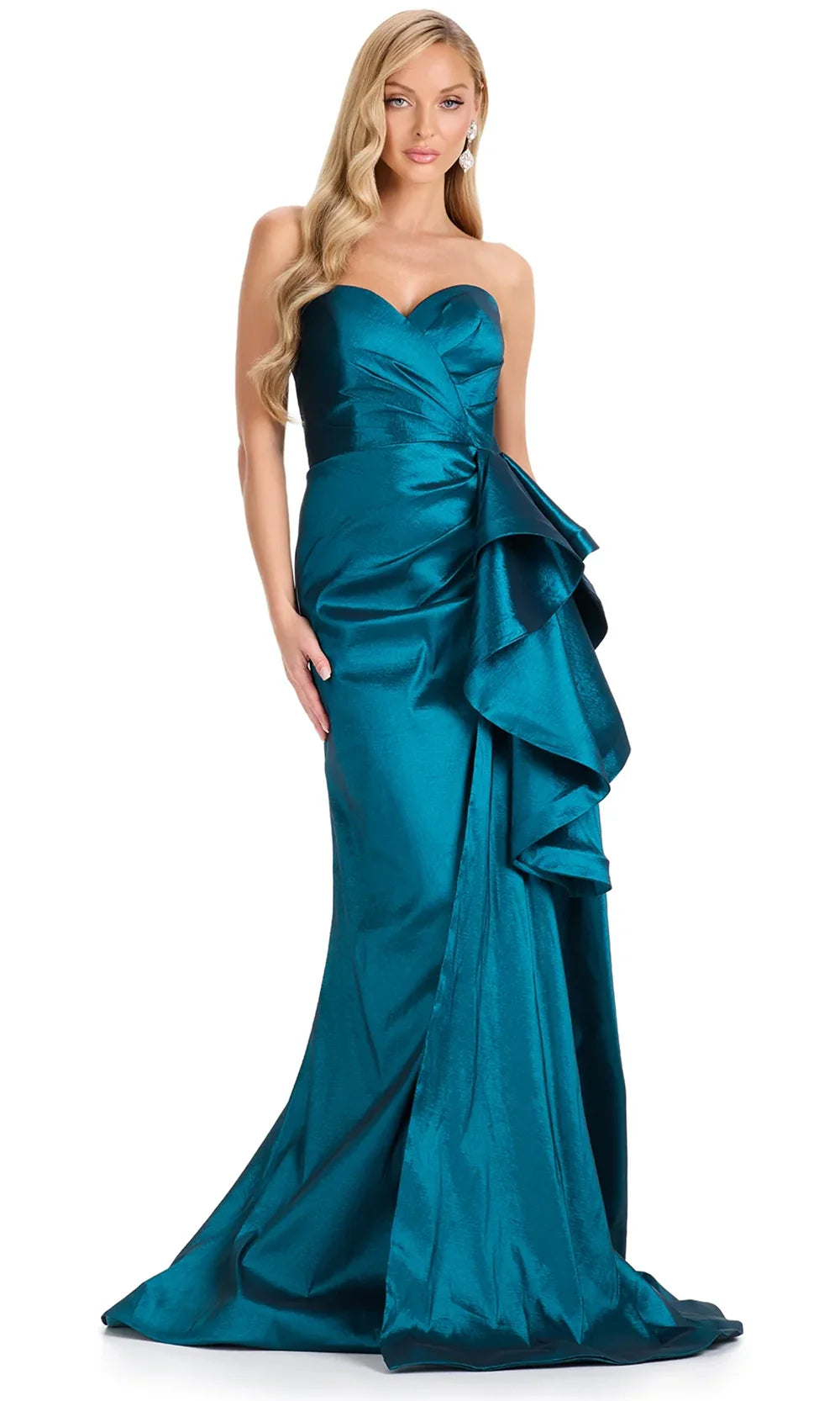 Ashley Lauren E12118 - Strapless Side Ruffle Taffeta Dress in Dark Teal