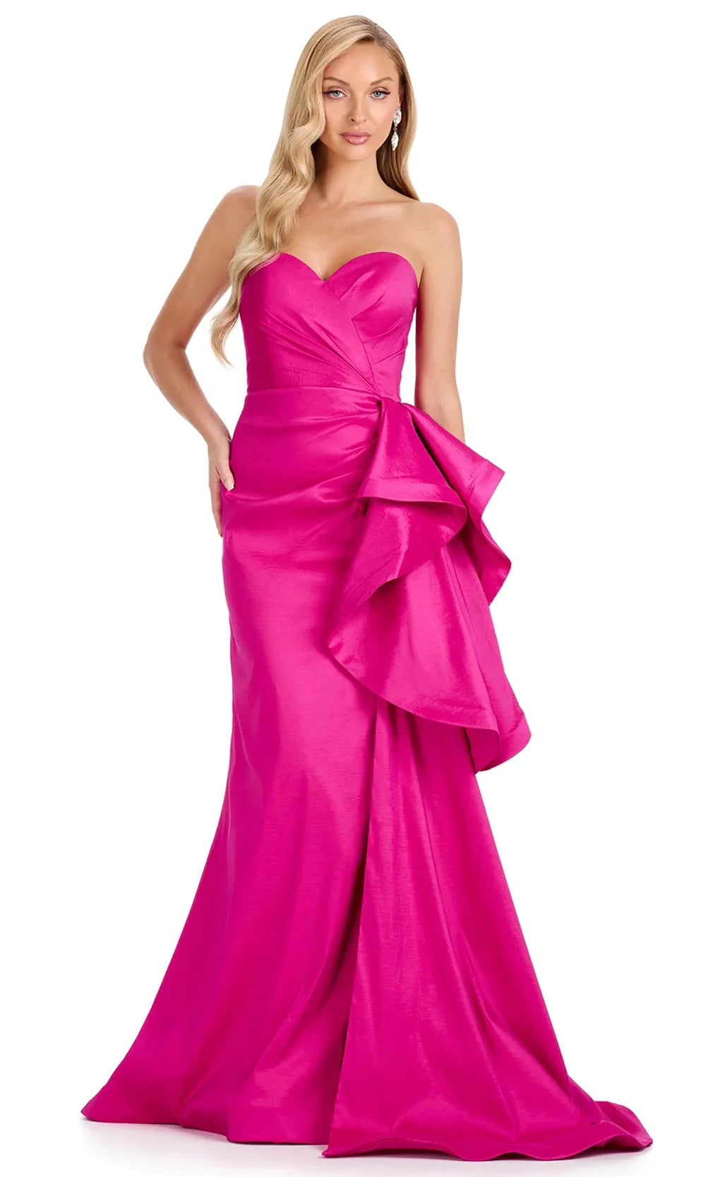 Ashley Lauren E12118 - Strapless Side Ruffle Taffeta Dress in Fuchsia