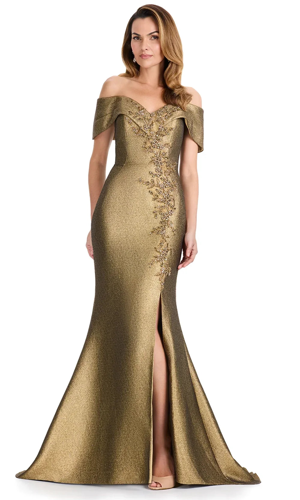 Ashley Lauren E12119 - Beaded Applique Metallic Brocade Mermaid Dress in Black in Gold