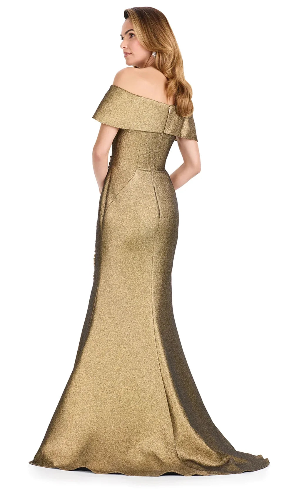 Ashley Lauren E12119 - Beaded Applique Metallic Brocade Mermaid Dress in Black in Gold