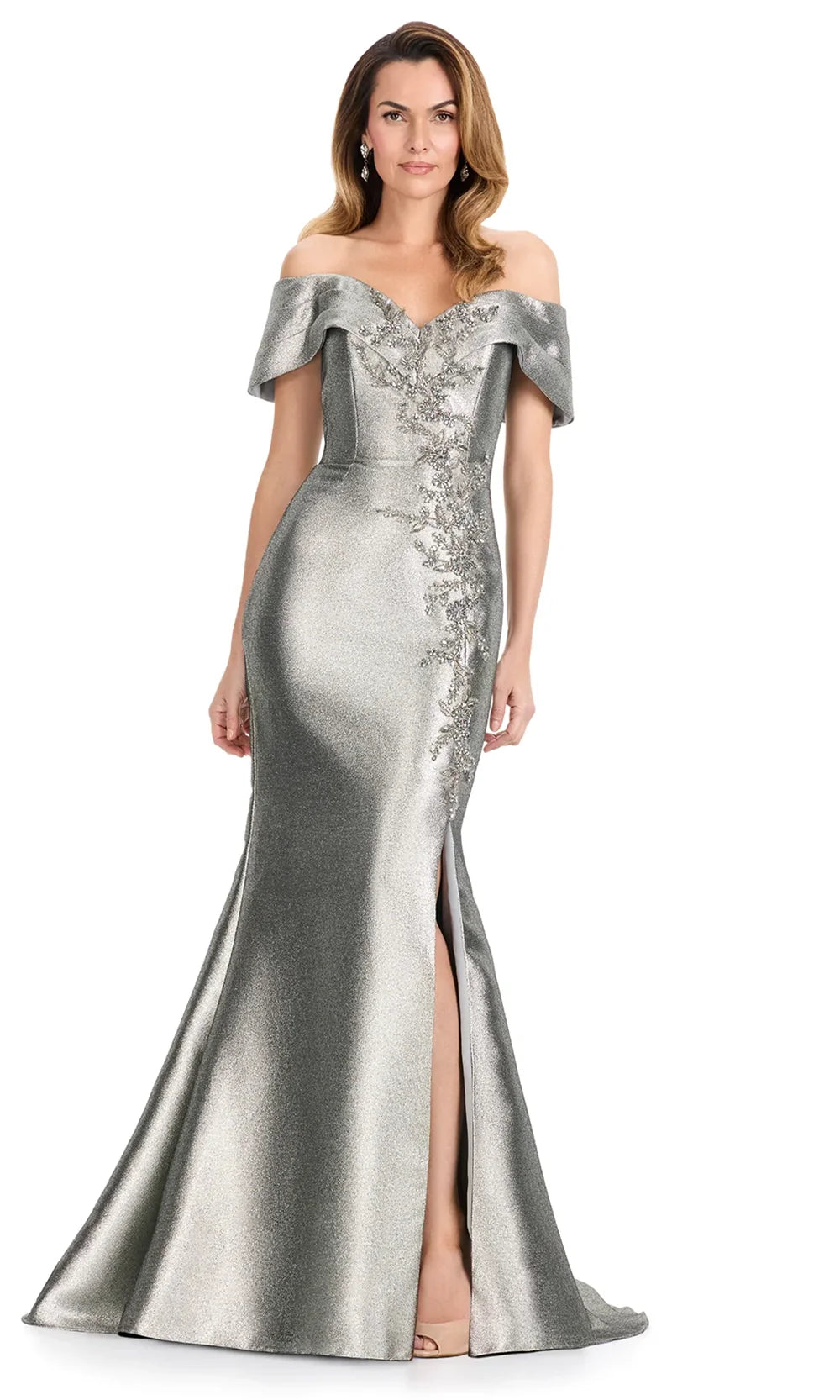 Ashley Lauren E12119 - Beaded Applique Metallic Brocade Mermaid Dress in Black in Platin um