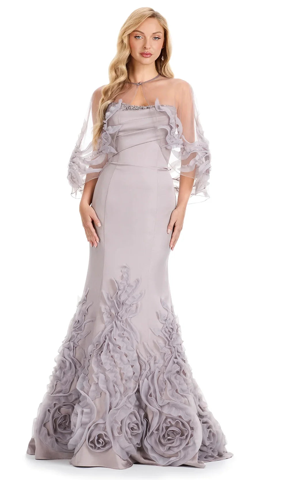 Ashley Lauren E12123 - Strapless Illusion Cape Mermaid Dress In Taupe