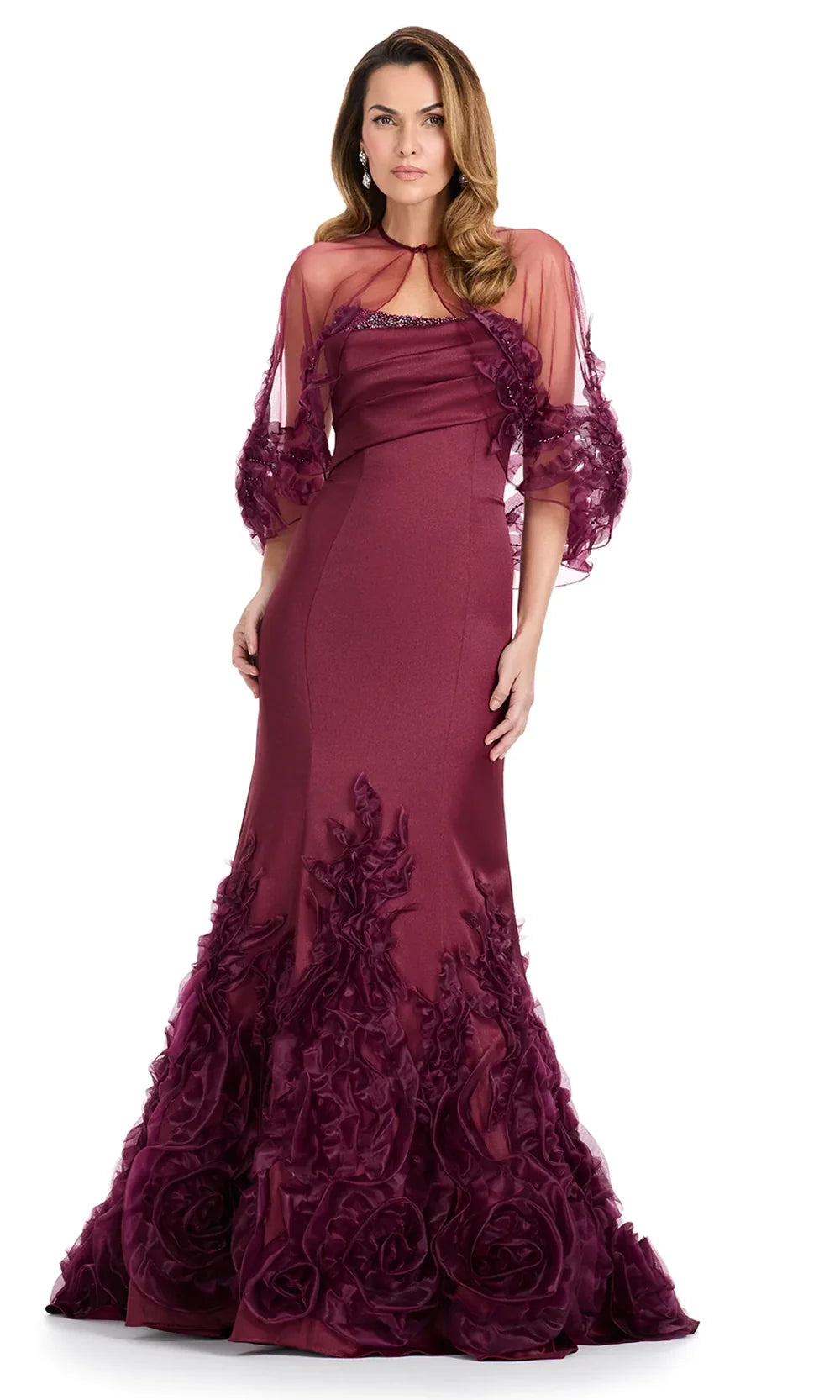 Ashley Lauren E12123 - Strapless Illusion Cape Mermaid Dress In Wine