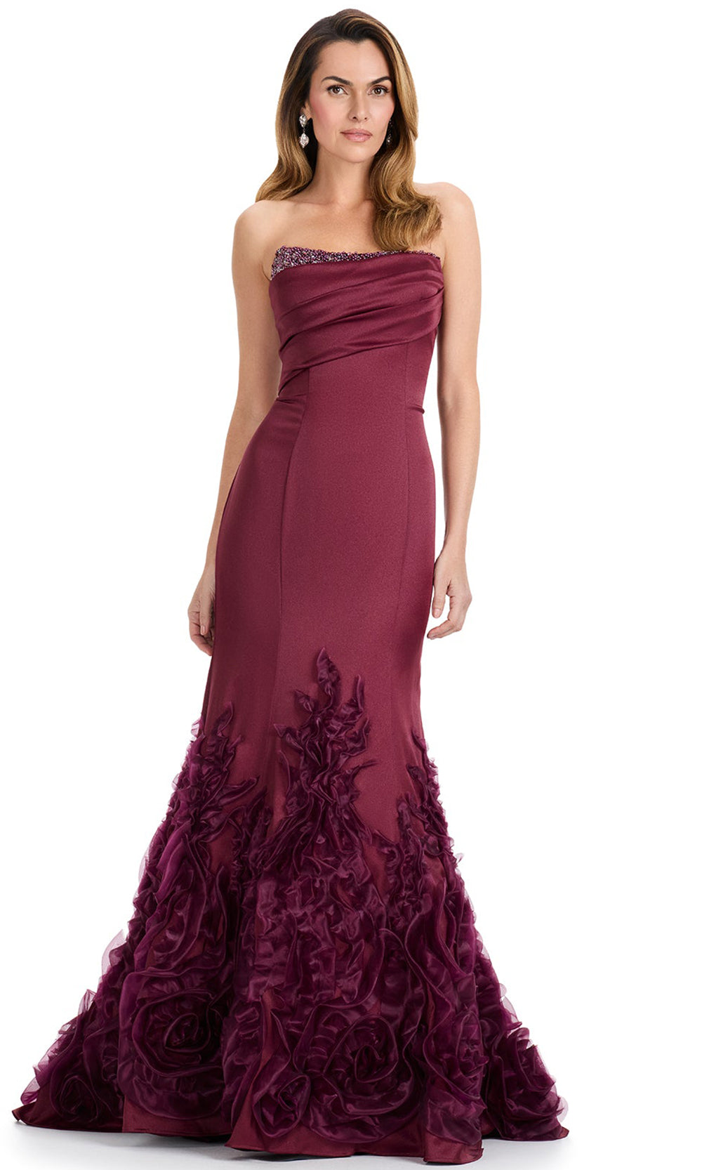 Ashley Lauren E12123 - Strapless Illusion Cape Mermaid Dress In Wine