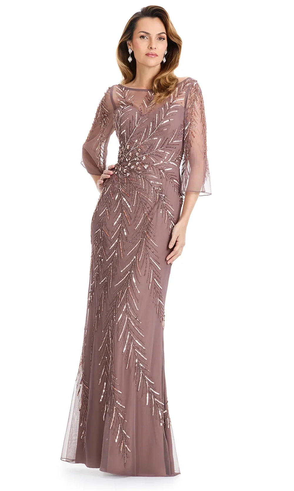 Ashley Lauren E12124 - Three-Quarter Sleeve Illusion Beaded Dress in DarkTaupe