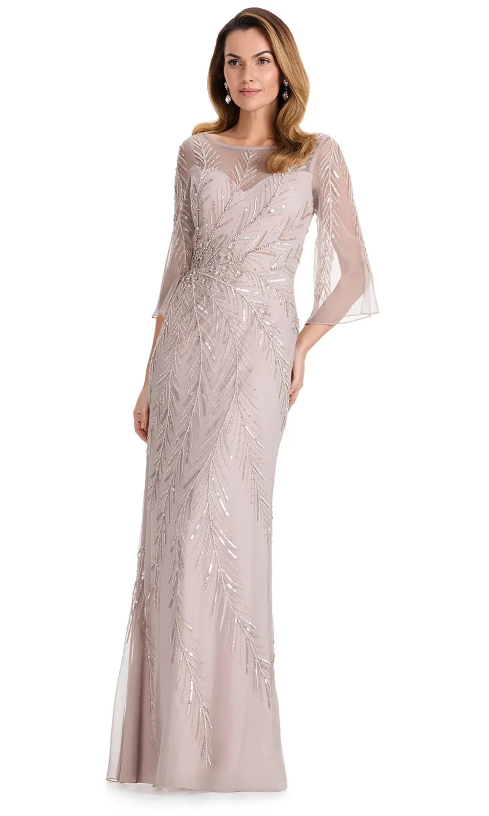 Ashley Lauren E12124 - Three-Quarter Sleeve Illusion Beaded Dress in Marble