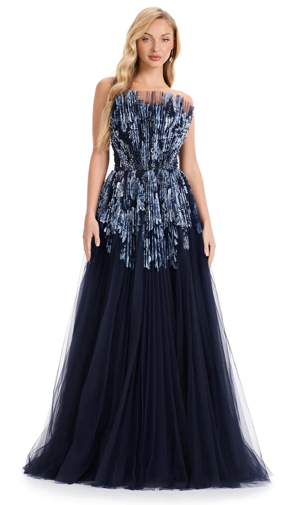Ashley Lauren E12127 - Pleated Tulle A-Lin e Evening Gown in Black