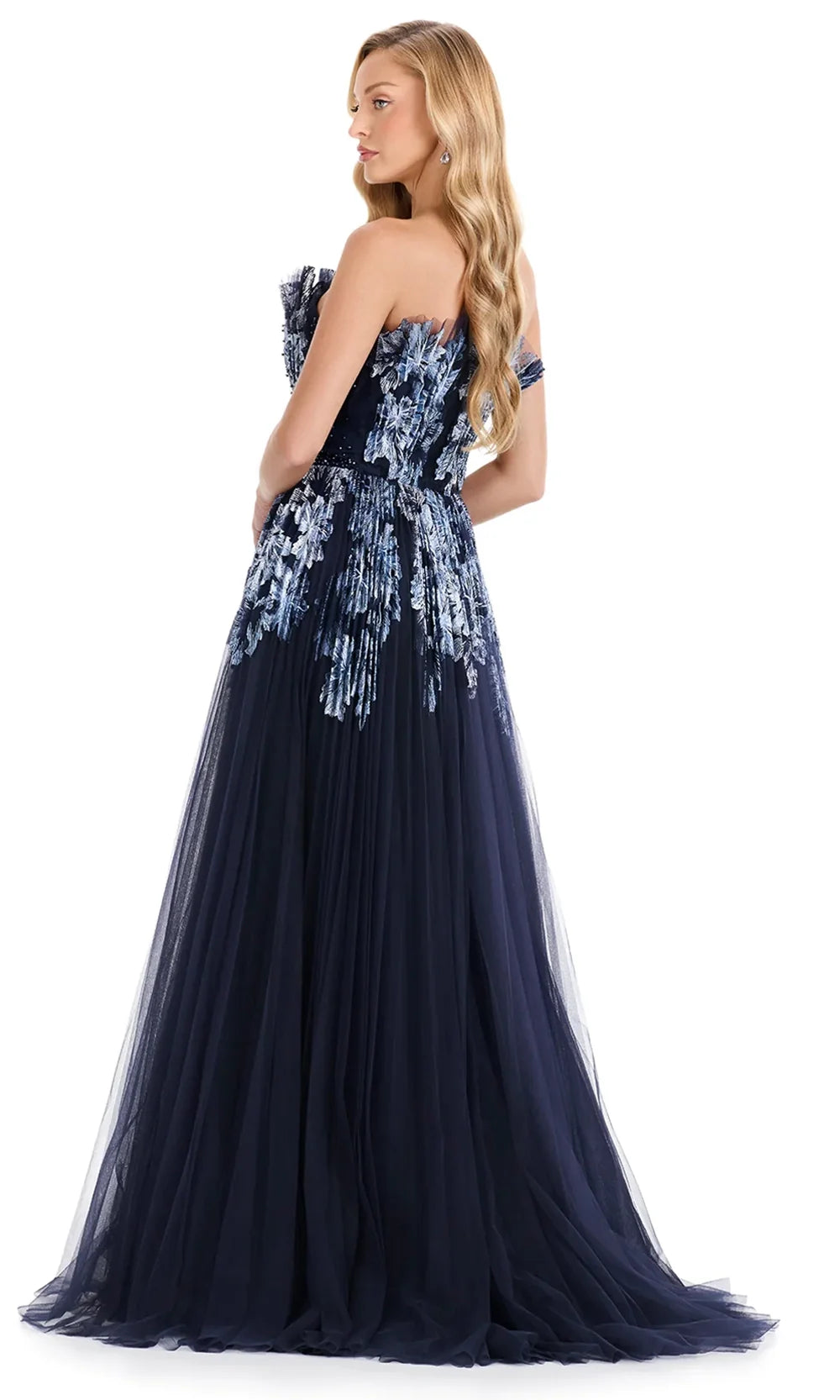 Ashley Lauren E12127 - Pleated Tulle A-Lin e Evening Gown in Black