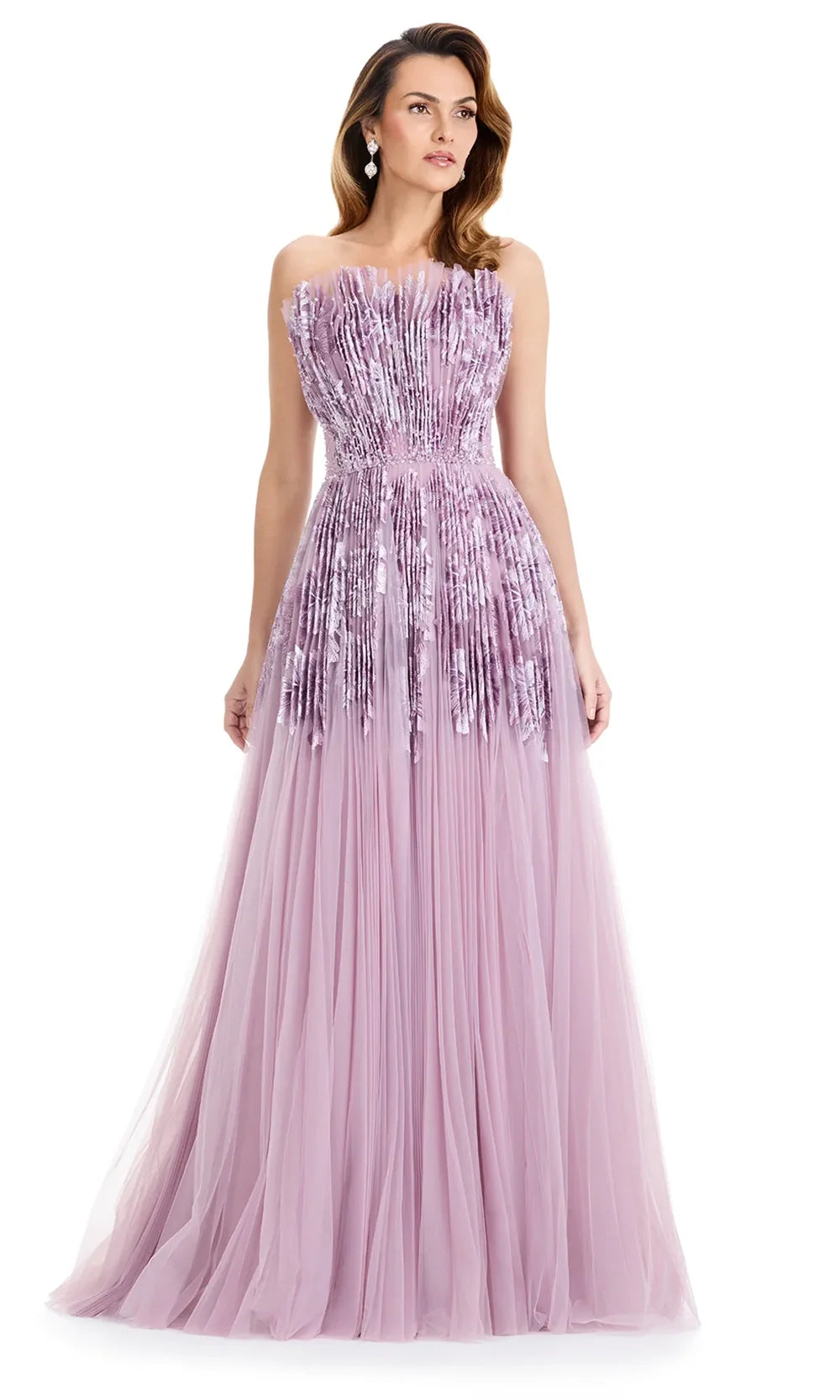Ashley Lauren E12127 - Pleated Tulle A-Lin e Evening Gown in Mauve