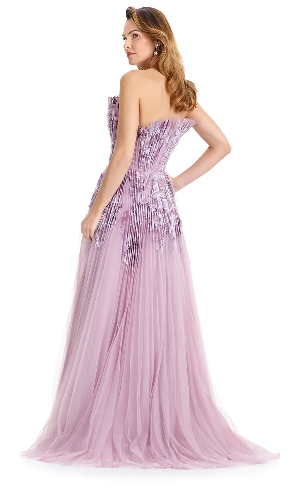 Ashley Lauren E12127 - Pleated Tulle A-Lin e Evening Gown in Mauve