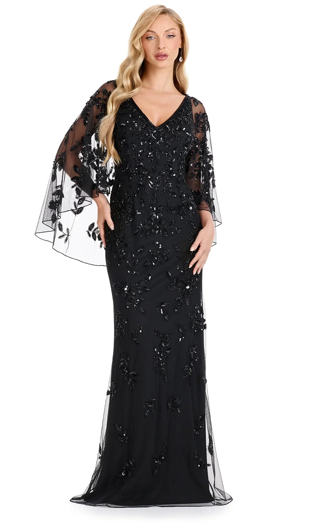Ashley Lauren E12128 - Illusion Cape Sleeve Beaded Column Dress in Black