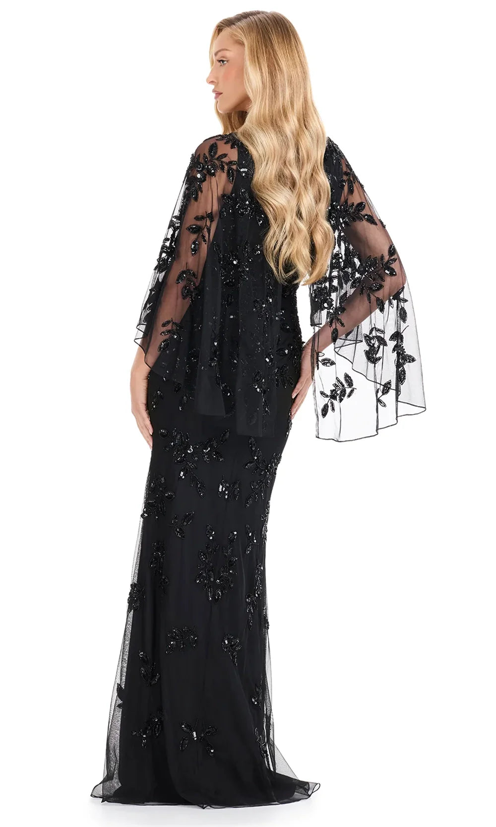 Ashley Lauren E12128 - Illusion Cape Sleeve Beaded Column Dress in Black