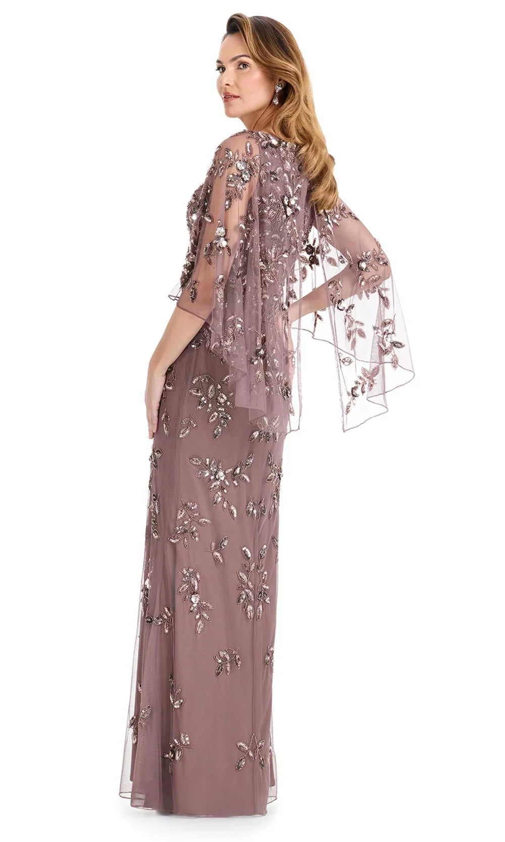 Ashley Lauren E12128 - Illusion Cape Sleeve Beaded Column Dress in DarkTaupe