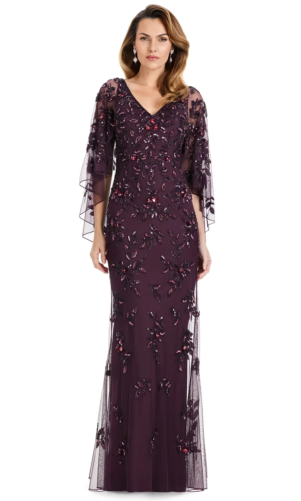 Ashley Lauren E12128 - Illusion Cape Sleeve Beaded Column Dress in Merlot