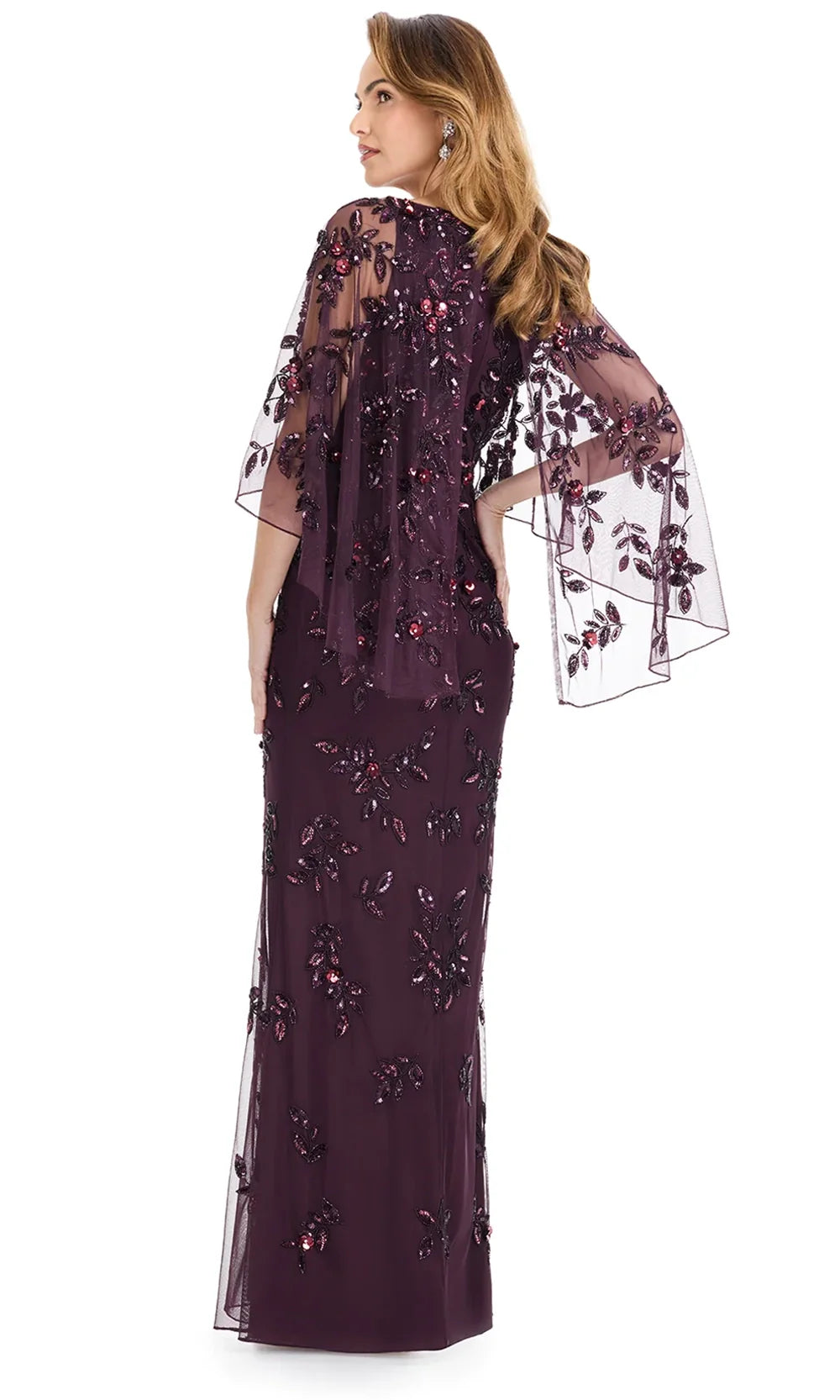 Ashley Lauren E12128 - Illusion Cape Sleeve Beaded Column Dress in Merlot