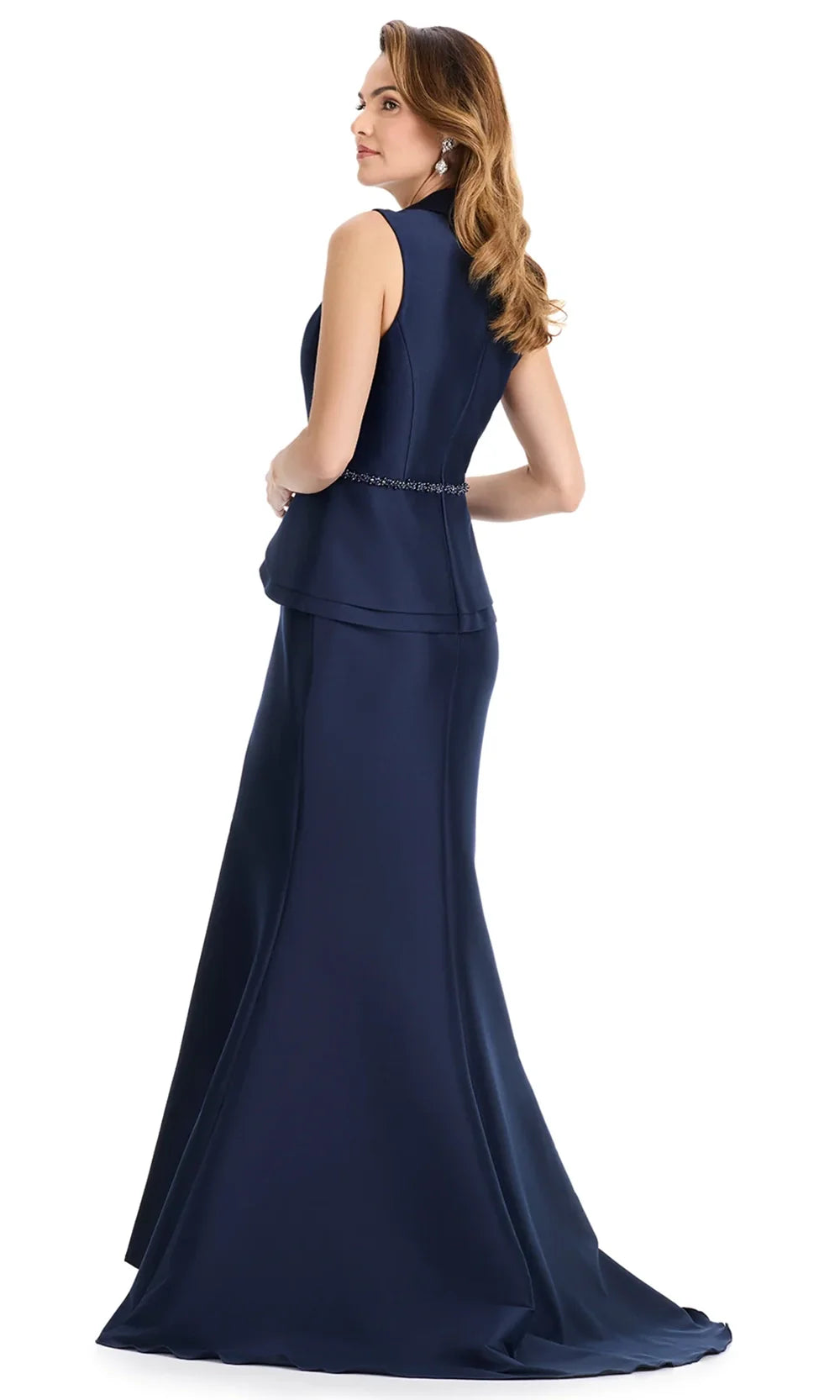 Ashley Lauren E12131 - V-Neckline Layered Peplum Mikado Dress in Navy