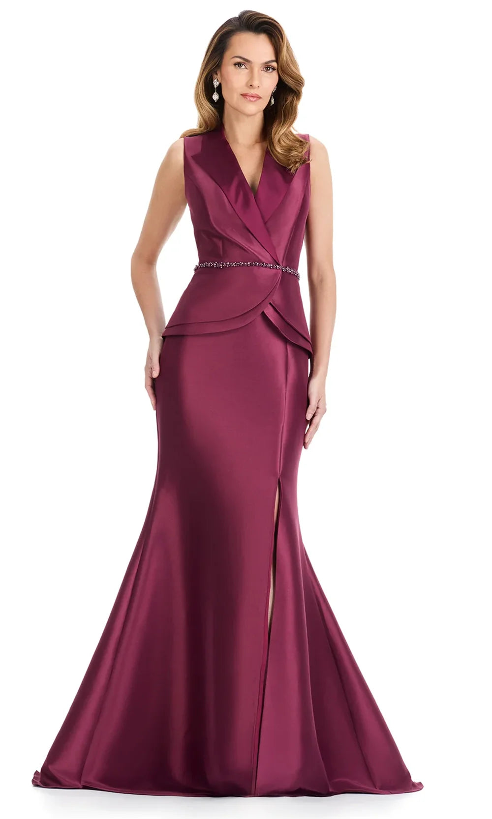 Ashley Lauren E12131 - V-Neckline Layered Peplum Mikado Dress in Wine